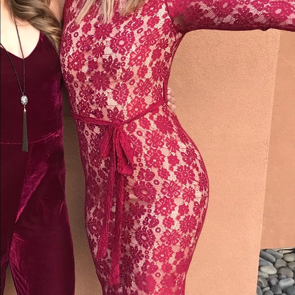 Red Turtleneck MIDI Lace Dress - Picture 2 of 5